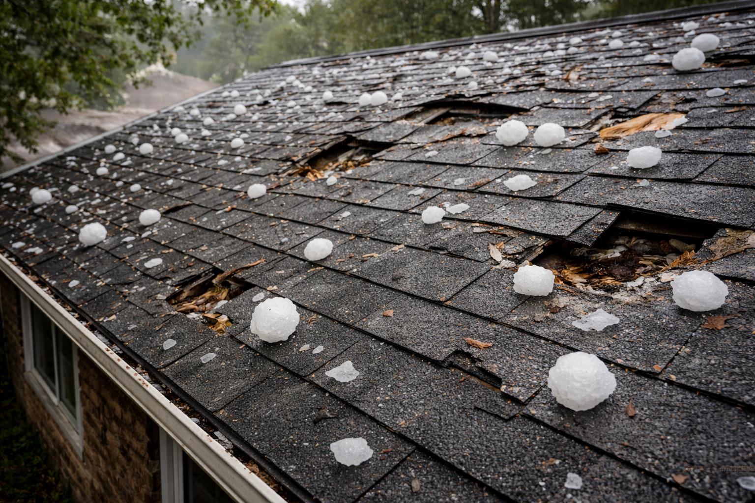 Storm damage to residential asphalt roof shingles