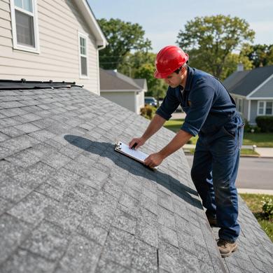 Residential roof inspection to evaluate shingles and roof condition